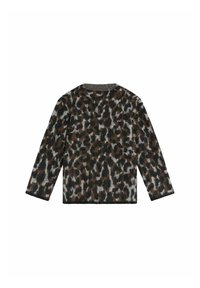 Leopardmönstrad tröja med lång ärm, rund halsringning, mjuk textur och en färgpalett av bruna, grå och svarta nyanser.