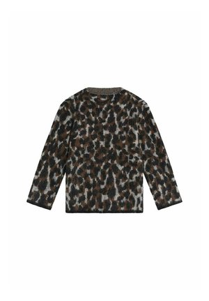 Pullover sweater med leopardprint, der har lange ærmer, en rund halsudskæring, blød tekstur og en farvepalette af brune, grå og sorte nuancer.
