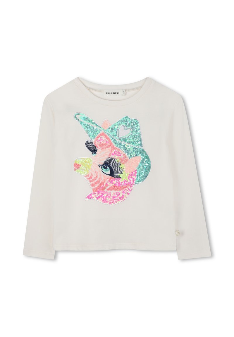 Chemise blanche à manches longues avec un grand visage de cochon en sequins portant un chapeau de cow-boy turquoise et de grands cils sur le devant.