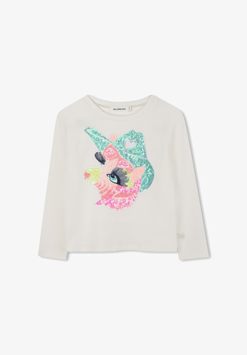 Fehér, hosszú ujjú póló, elől egy nagy, flitterekkel díszített disznófej látható, kék cowboykalappal és nagy szempillákkal.