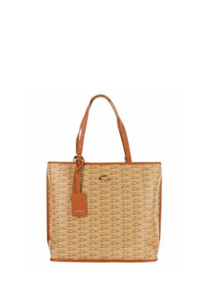 Borsa tote marrone a fantasia con due spallacci, etichetta in pelle appesa e piccolo logo centrato sul davanti.