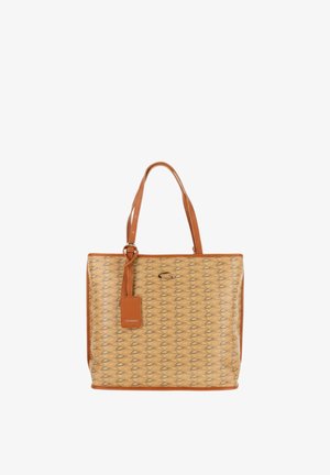 Bolsa tote marrón con diseño, con dos correas para el hombro, una etiqueta colgante de cuero y un pequeño logo centrado en la parte delantera.