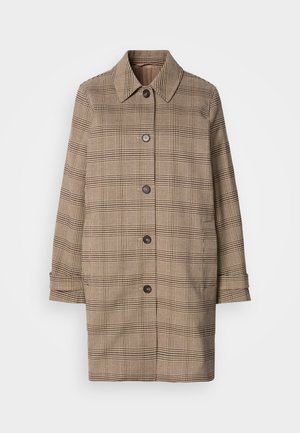 Burgundski plašnat kaput s ovratnikom, sa pet dugmadi, dugim rukavima i bočnim džepovima. Izrađen od teksturirane tkanine s kariranim uzorkom.