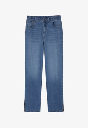 Svetlo modré denimové džínsy so straight leg strihom, s prednými vreckami a jemnými bočnými rozparkami na leme. Klasický dizajn s piatimi vreckami.