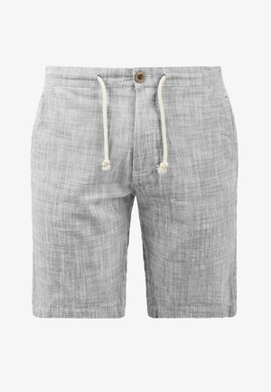 Grå linnedshorts med tekstureret finish, justerbar snor i taljen og en træknapdetalje foran.