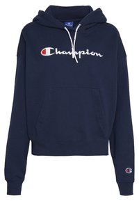 Hoodie bleu marine en mélange de coton, doté d'une poche kangourou à l'avant, de cordons blancs et d'un logo "Champion" brodé sur la poitrine.