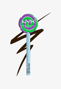 Eyeliner NYX Professional Makeup z okrągłą fioletowo-zieloną nakrętką, jasnoniebieskim trzonkiem, wyposażony w cienką końcówkę do precyzyjnej aplikacji.