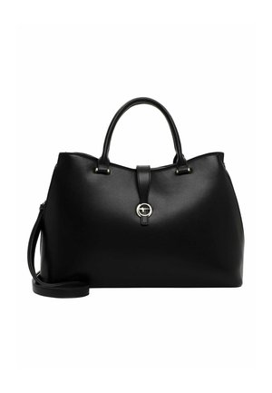 Sac à main en cuir noir avec un design structuré, double anses, bandoulière amovible et un accent métallique circulaire à l'avant.