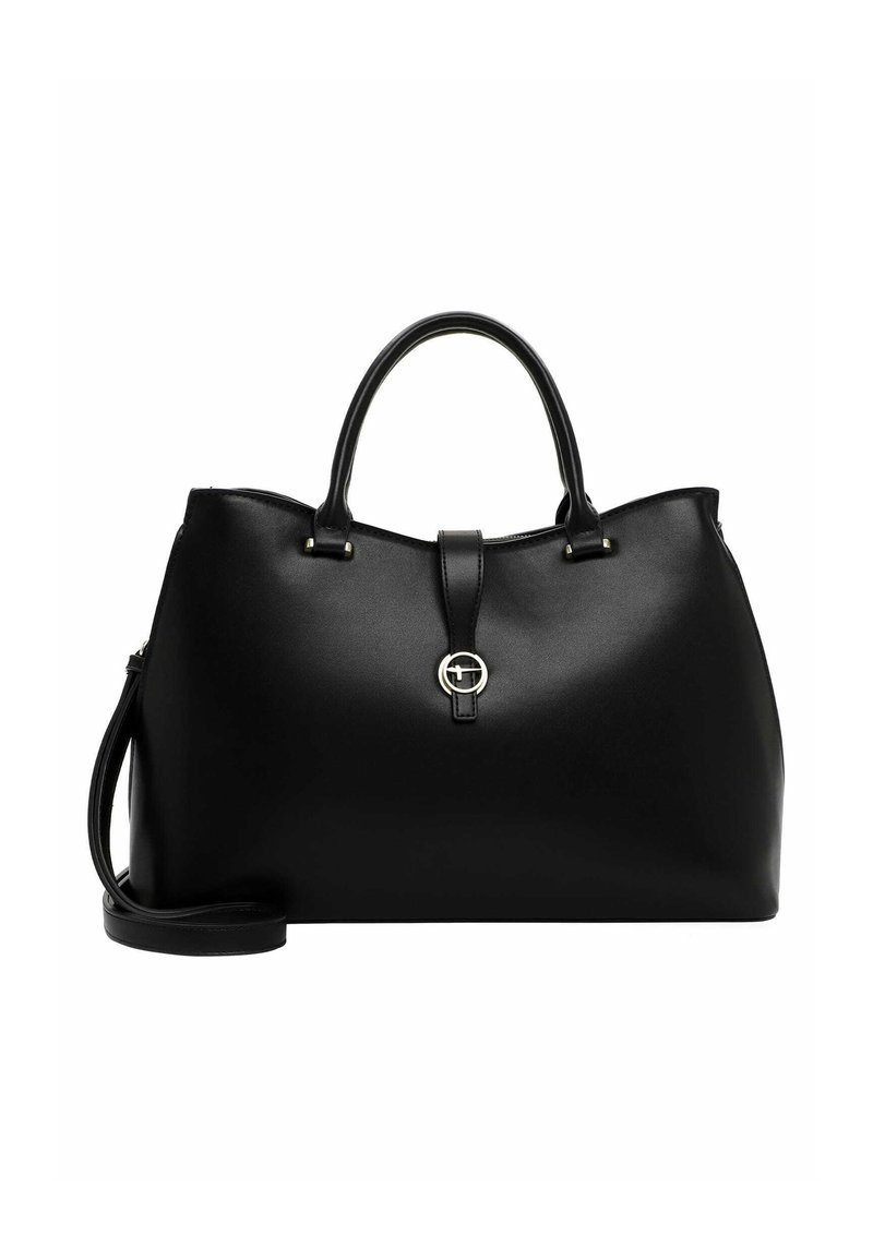 Borsa a mano in pelle nera con un design strutturato, manici doppi, tracolla staccabile e un accento metallico circolare nella parte anteriore.