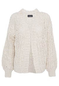 Chunky gebreide cardigan in off-white, met een geribde sjaalkraag en brede mouwen. Open voorkant ontwerp met een gestructureerd geweven patroon.