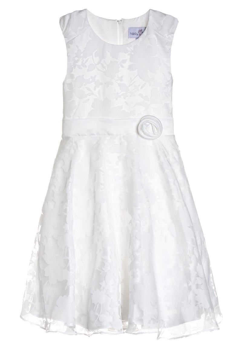 Biała sukienka bez rękawów z kwiatowym wzorem, okrągłym dekoltem i akcentem w postaci materiałowej róży w talii; zamek błyskawiczny z tyłu.