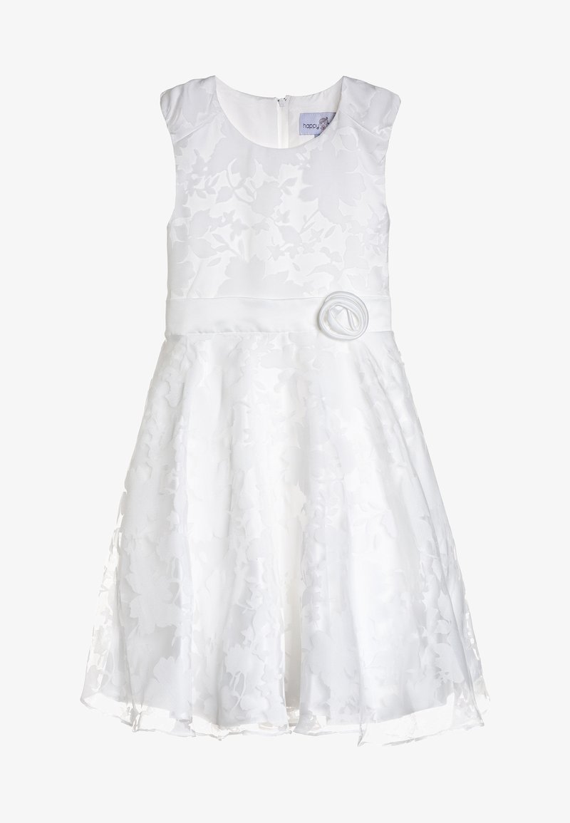 Biała sukienka bez rękawów z kwiatowym wzorem, okrągłym dekoltem i akcentem w postaci materiałowej róży w talii; zamek błyskawiczny z tyłu.