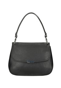 Czarna skórzana torba typu handbag o wyraźnej strukturze, z teksturowanym wykończeniem i gładką klapą. Posiada zaokrąglony pasek na ramię oraz srebrne akcenty.