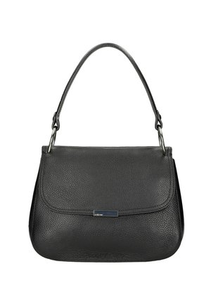 Czarna skórzana torba typu handbag o wyraźnej strukturze, z teksturowanym wykończeniem i gładką klapą. Posiada zaokrąglony pasek na ramię oraz srebrne akcenty.