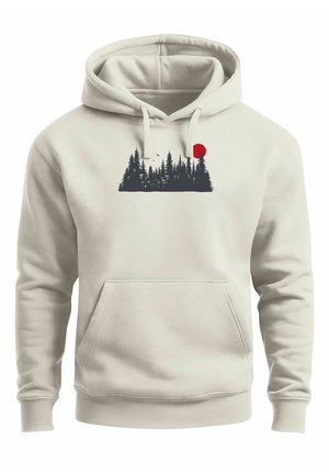 Helle beige Kapuzenjacke mit einem Frontdruck von dunkelgrünen Kiefernbäumen und einer roten Sonne. Verfügt über eine Fronttasche und eine Schnürung an der Kapuze.