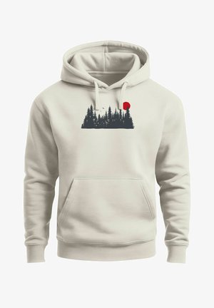 Light beige hoodie with a front graphic of dark green pine trees and a red sun. Features a front pocket and drawstring hood.