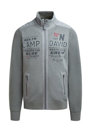 Graue Zip-Up-Jacke mit strukturierten Ärmeln, hohem Kragen und seitlichen Taschen; mit gedrucktem Text und Grafiken in Schwarz und Rot.