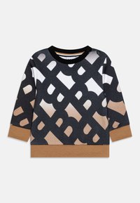 Sweatshirt noir, blanc et beige avec un motif logo sur toute la surface. Présente un col rond, des manches longues et des poignets et un ourlet marron.