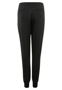 Schwarze Jogginghosen mit einem elastischen Bund, zwei Gesäßtaschen und elastischen Bündchen an den Knöcheln, aus einem glatten Stoff gefertigt.