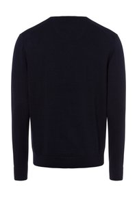 Marineblauer Strickpullover, Rundhalsausschnitt, lange Ärmel, gerippte Bündchen und Saum, glatte Textur, minimalistischem Design, keine sichtbaren Muster oder Akzente.