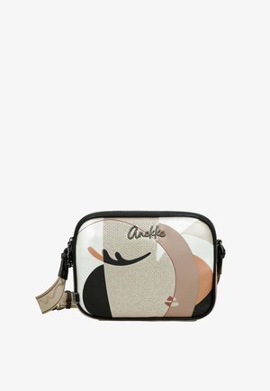 Prostokątna torba na ramię z abstrakcyjnym wzorem twarzy w beżowych, czarnych i brązowych odcieniach, wyposażona w zamek błyskawiczny i regulowany pasek.
