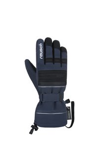 Marineblaue Schneehandschuhe aus Softshell-Material, mit schwarzen Gummielementen, einem verstellbaren Handgelenk und reflektierenden Streifen.