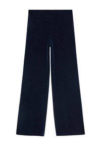 Tummansinisiä leveälahkeisia housuja, jotka on valmistettu pehmeästä samettikankaasta. Ne ovat sileäpintaisia ja yksinkertaisessa suunnittelussa, ilman näkyviä metalliosia tai koristeita.