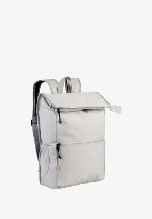 Light grey backpack with a fold-over top, adjustable straps, front zip pocket, and a textured fabric finish. Accents include black zippers.