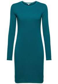Robe en maille bleu sarcelle, manches longues, longueur aux genoux, col rond et texture côtelée.