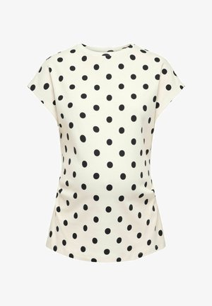 Balta trumpomis rankovėmis palaidinė su juodais taškeliais, apvali iškirptė ir laisvas kirpimas, rodoma ant paprasto fono.