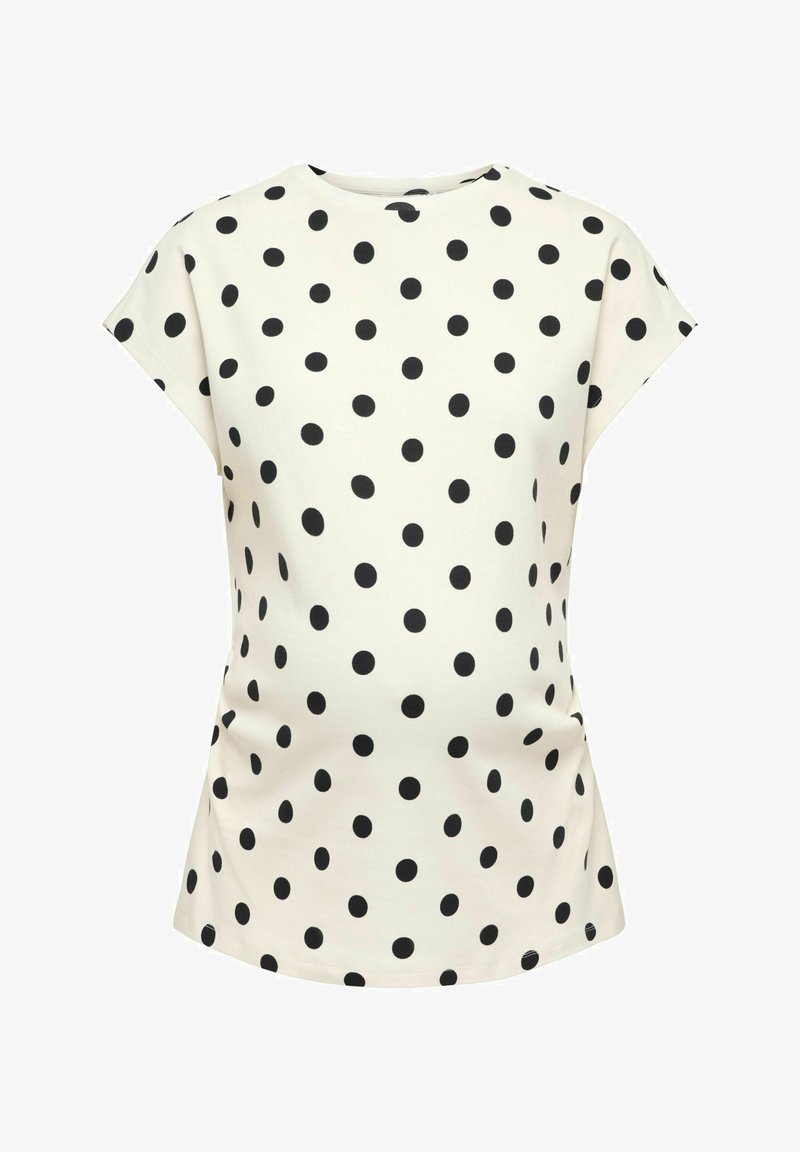 Λευκό μπλουζάκι με κοντά μανίκια και μαύρα πουά, στρογγυλή λαιμόκοψη και άνετη εφαρμογή, εμφανιζόμενο σε απλό φόντο.