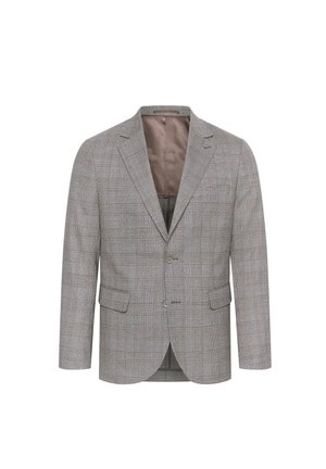 Szürke kockás blézer, két gombbal, hajtókás gallérral és két elülső zsebbel. Egy sima bélés jellemzi, valamint egy textúrált gyapjú keverék külső.