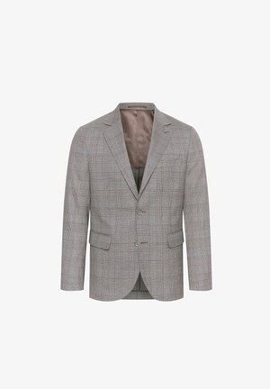 Szürke kockás blézer, két gombbal, hajtókás gallérral és két elülső zsebbel. Egy sima bélés jellemzi, valamint egy textúrált gyapjú keverék külső.