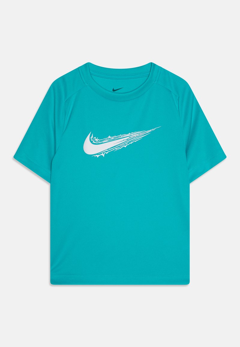T-shirt de sport turquoise avec un col rond, des manches courtes et un logo Nike blanc sur le devant, fabriqué en tissu léger et texturé.