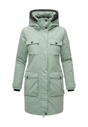 Parka rembourrée vert menthe avec une capuche doublée de noir, quatre poches avant, fermetures à pression et poignets élastiques pour un ajustement réglable.