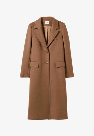 Cappotto in misto lana marrone con colletto a risvolto, due tasche frontali, chiusura con un bottone e un design di lunghezza media. Tessuto liscio.