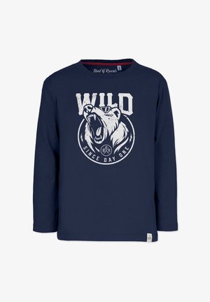 Marineblå langærmet t-shirt med et hvidt bjørnegrafik og teksten "WILD" og "SINCE DAY ONE". Blødt bomuldsstof, rund halsudskæring, mærke ved kanten.