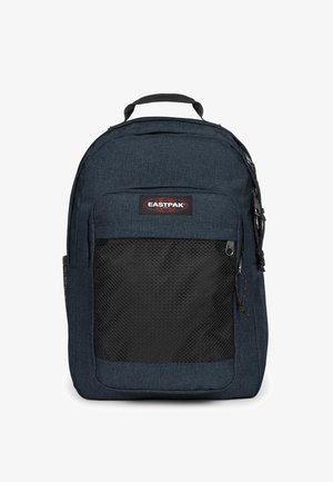 Dunkelblauer Stoffrucksack mit einer großen schwarzen Netzfronttasche, einem Oberhandgriff und verstellbaren gepolsterten Schultergurten. Eastpak-Logo sichtbar.