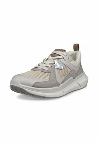 Beige und grauer Sportschuh mit Mesh- und Wildleder-Elementen, Schnürung, gepolstertem Zungenbereich und einer Gummisohle mit strukturiertem Profil.