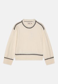 Cremfarbener Pullover mit schwarzen Steppnähten am runden Halsausschnitt und Saum. Hergestellt aus weichem Strickstoff und mit langen, lockeren Ärmeln ausgestattet.