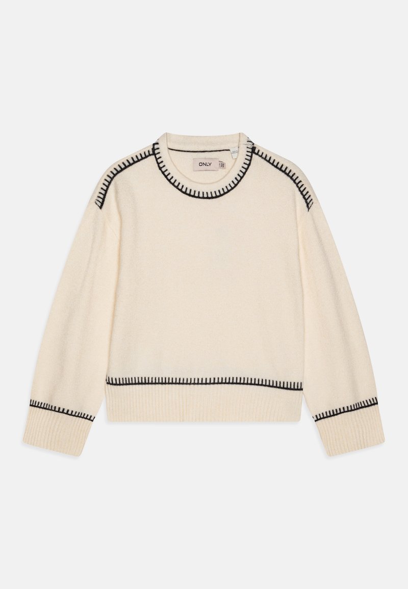 Cremfarbener Pullover mit schwarzen Steppnähten am runden Halsausschnitt und Saum. Hergestellt aus weichem Strickstoff und mit langen, lockeren Ärmeln ausgestattet.
