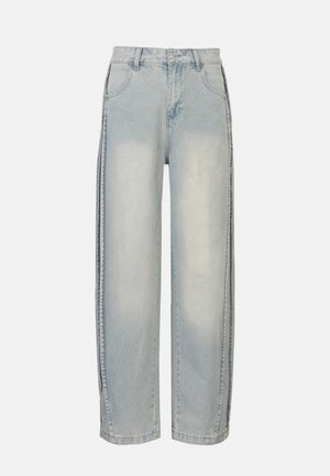 Lysblå løse jeans lavet af denim, med høj talje, diskret falmning og klassisk fem-lomme design med synlige sømme.