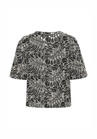 Haut noir à manches courtes avec un motif botanique blanc. Fabriqué en tissu léger, avec une coupe décontractée et un col rond.