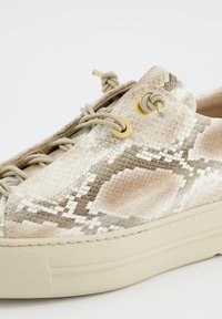 Zapatilla baja con estampado de piel de serpiente en tonos beige y marrón, cordones beige anudados y suela gruesa de goma color blanco roto.