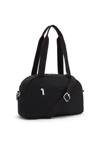 Borsa in nylon nera con doppi manici superiori e tracolla regolabile. Dotata di chiusura con zip e di una tasca esterna con zip. Texture liscia.
