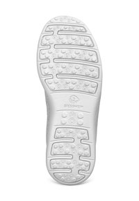 Weiße Gummisohle mit einer strukturierten Musterung aus Sechsecken und Kreisen, ausgestattet mit Rillen für besseren Halt und einem Markenlogo, das an der Ferse geprägt ist.
