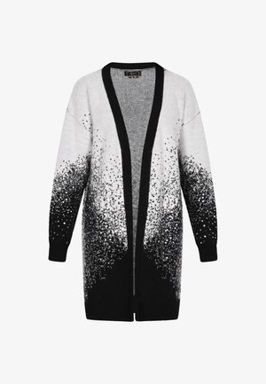Strickjacke mit einem Farbverlauf von Grau zu Schwarz, verziert mit Pailletten, offener Vorderseite, langen Ärmeln und einem entspannten Schnitt.