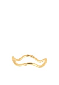 Goldplattierter wellenförmiger Ring mit einer glatten, reflektierenden Oberfläche und offenem Design, mit einem Echtheitsstempel.