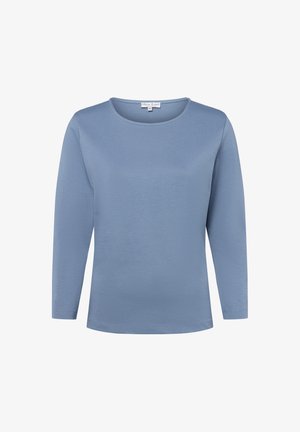 Light blue long-sleeve shirt in soft fabric, featuring a round neckline and straight hem. Smooth texture with no visible patterns or accents.