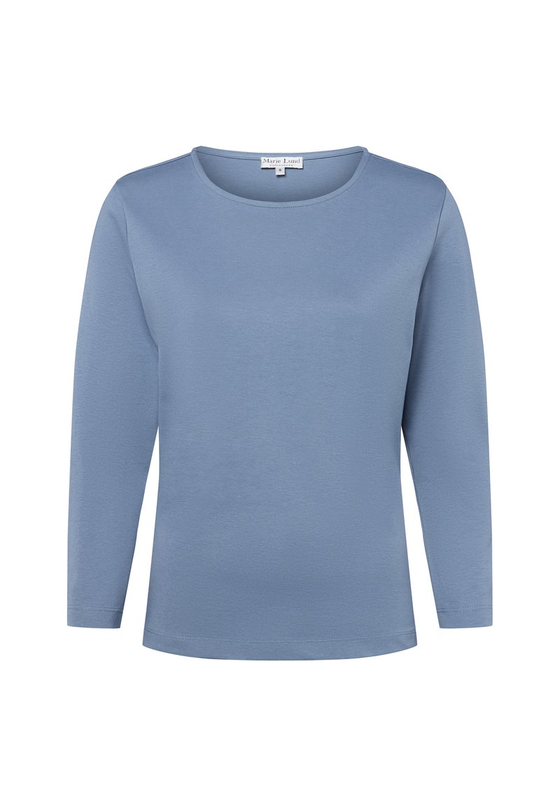 Helles blaues Langarmshirt aus weichem Stoff, mit runder Halslinie und geradem Saum. Glatte Textur ohne sichtbare Muster oder Akzente.